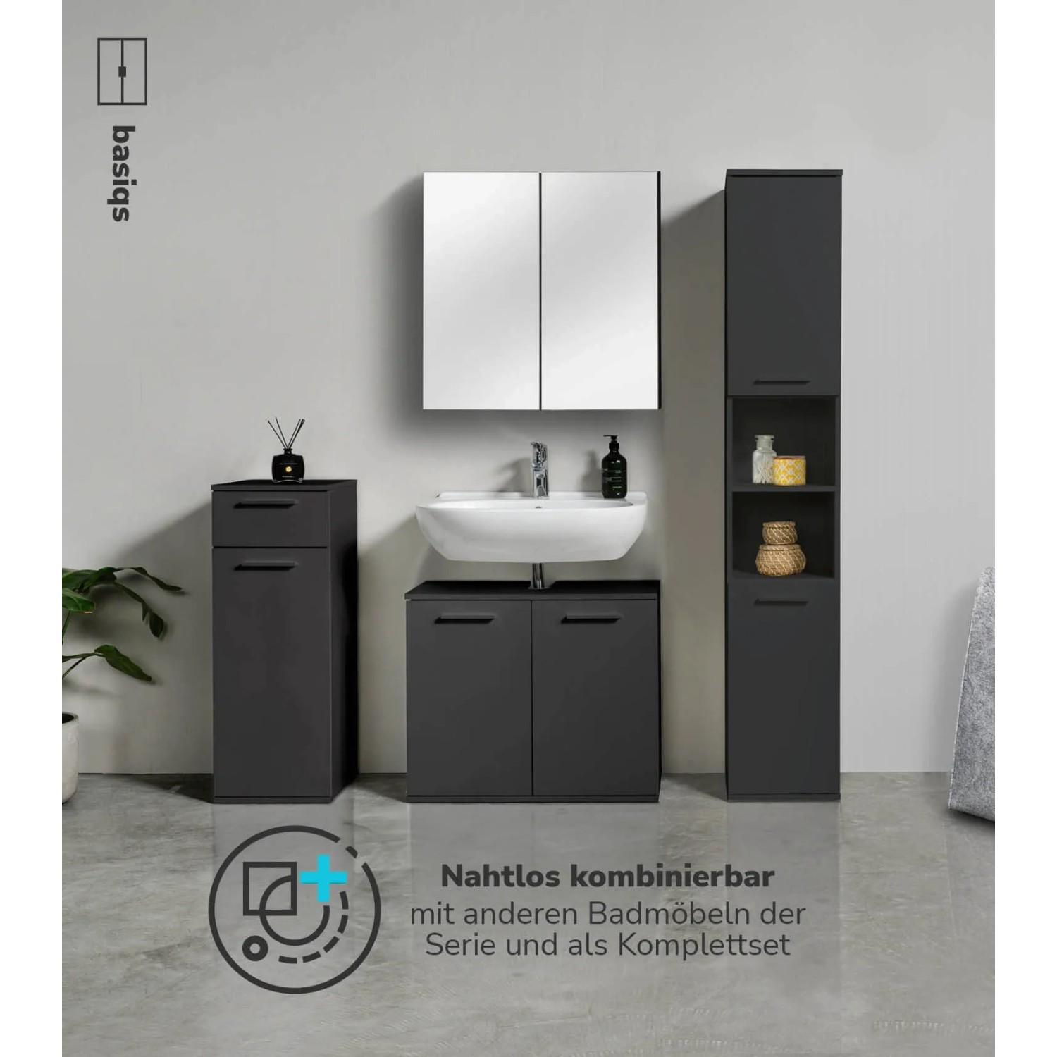 mokebo Waschbär Waschtischunterschrank in Anthrazit mit Badregalen und Spiegelschrank.