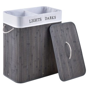 Grauer Juskys Bambus Wäschekorb mit Deckel, 100L, 2 Fächer, Wäschesack und Tragegriffen.