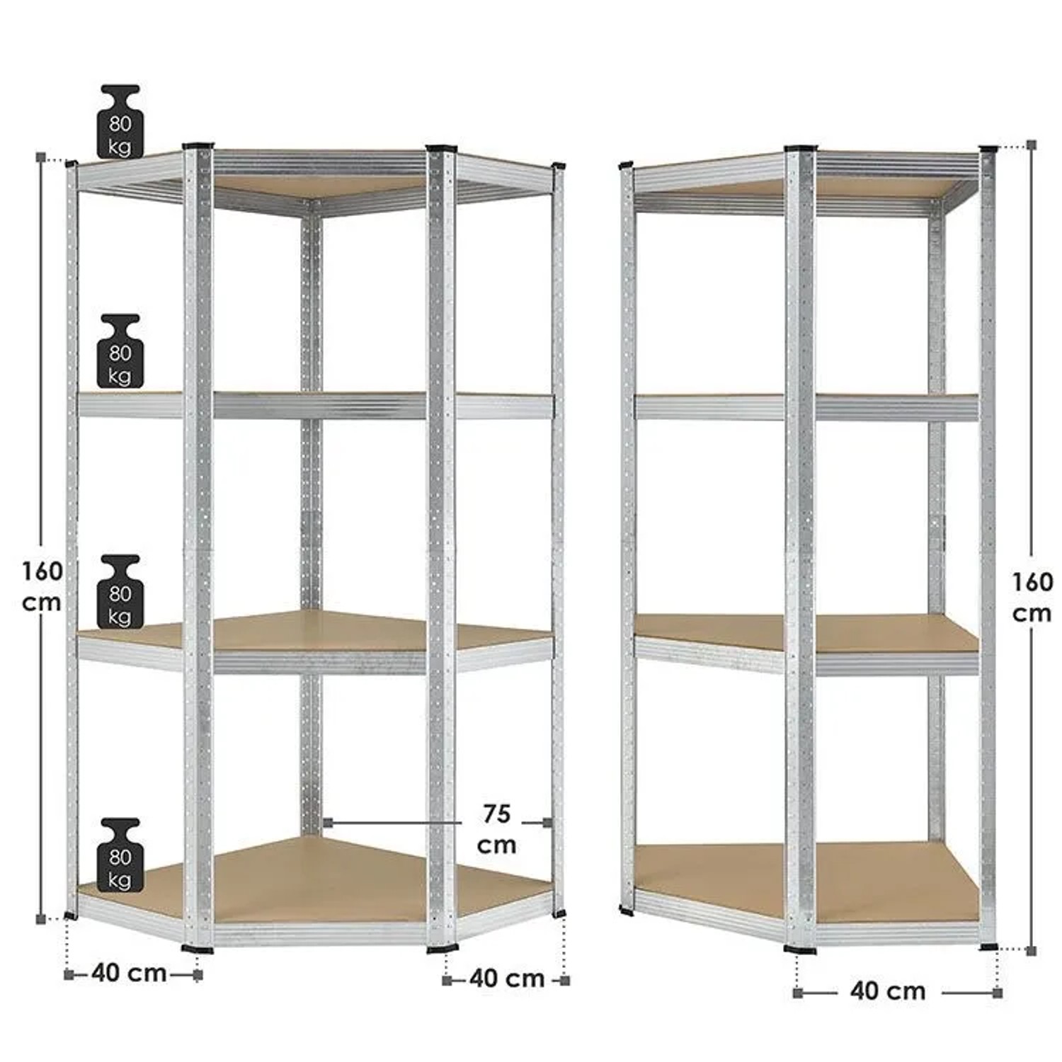 Juskys Eckregal Corner Easy, Metallregal mit 4 MDF-Böden, 160x75x40 cm, Traglast 320kg