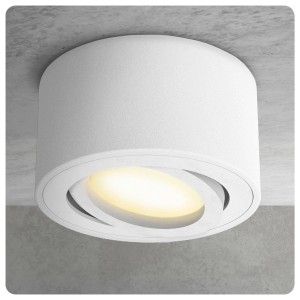 Weißer, dimmbarer LED Aufbauspot Celi-1WM von SSC-LUXon, schwenkbar und mit warmweißem Licht.