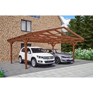 Skan Holz Carport Westerwald Nussbaum, Doppelcarport mit zwei parkenden Autos.