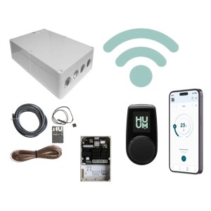 Karibu WiFi Saunasteuergerät Set: schwarzes Bedienfeld, weiße Box, Kabel, App-Ansicht. Für Saunaöfen bis 18 kW.