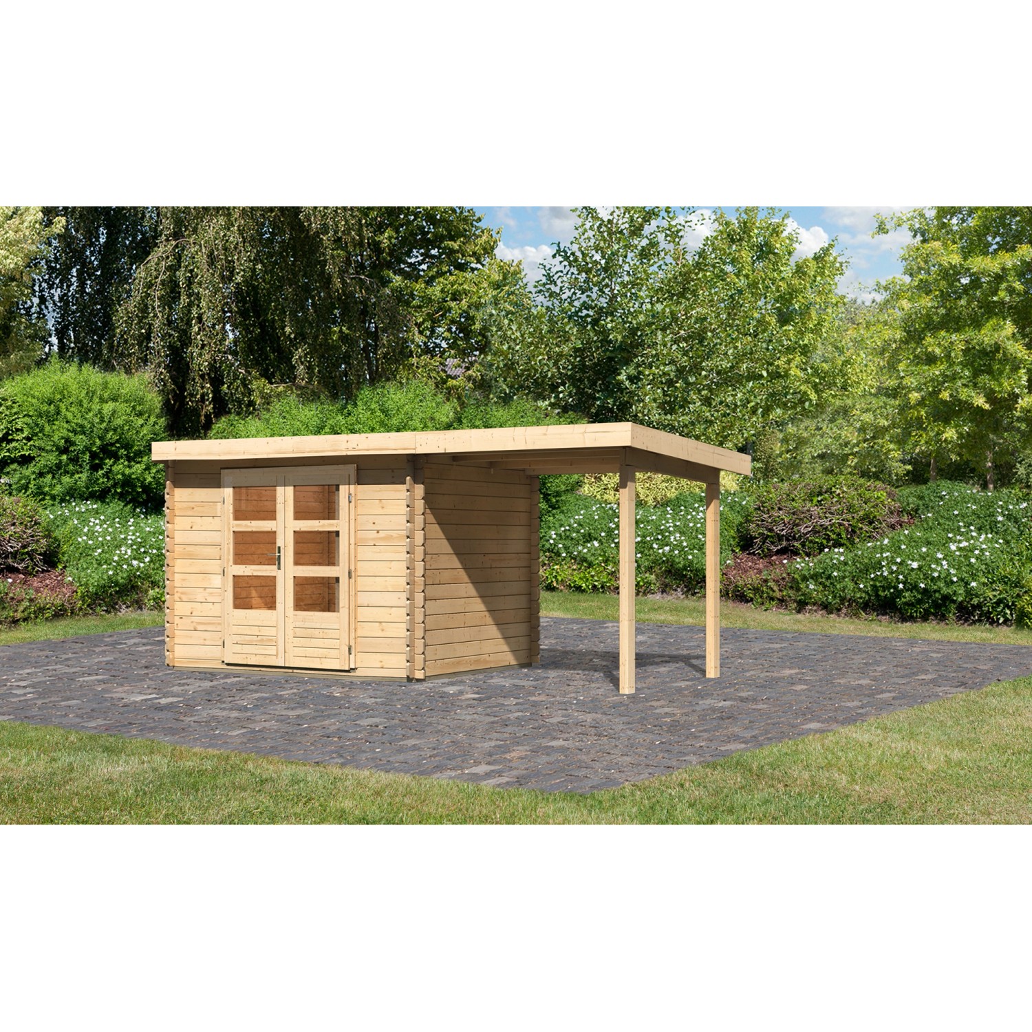 Karibu Holz-Gartenhaus Ängelholm Natur Pultdach Unbehandelt 280 cm x 220 cm günstig online kaufen