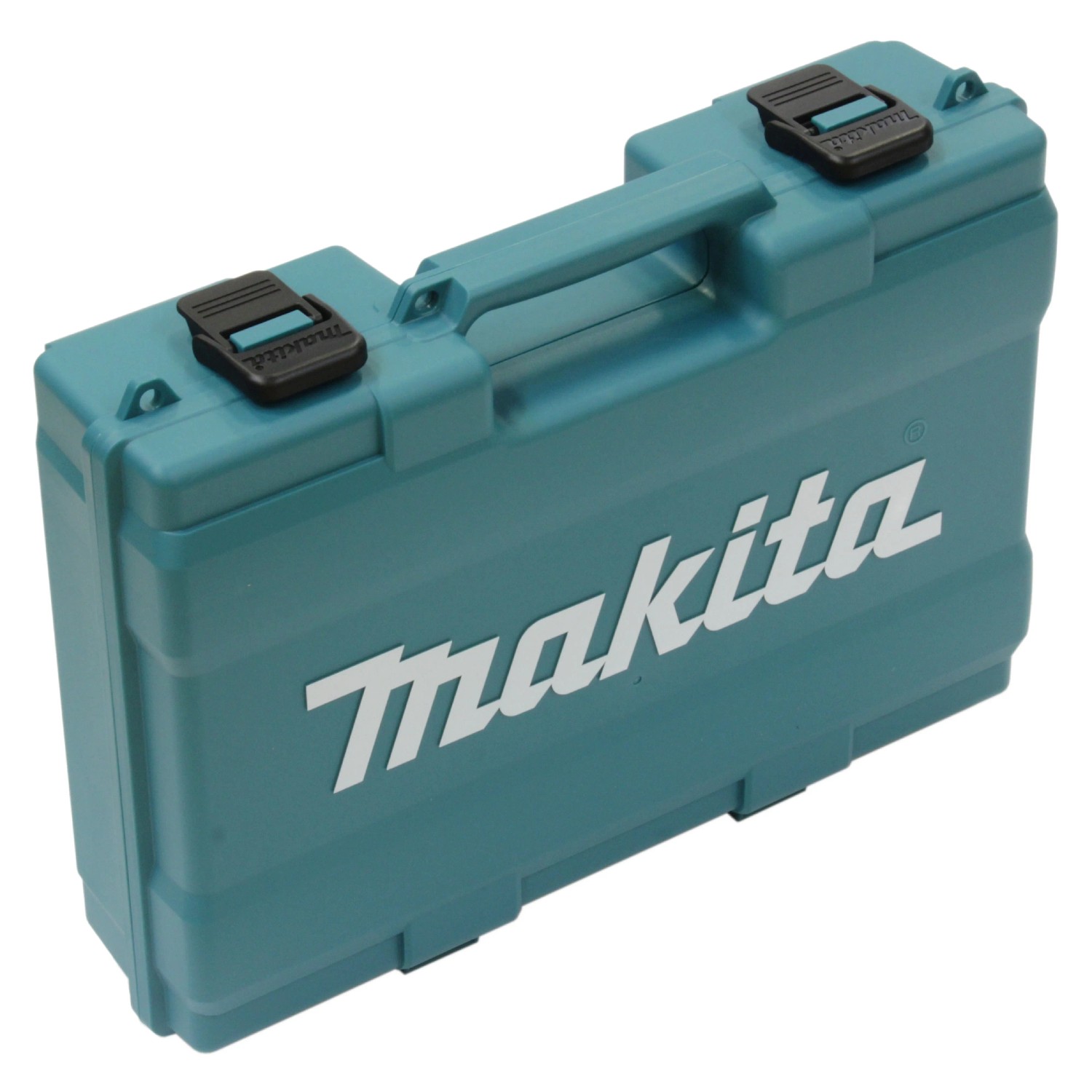 Makita Kombihammer HR2670 im Transportkoffer. Der Koffer ist türkis und hat einen Tragegriff.
