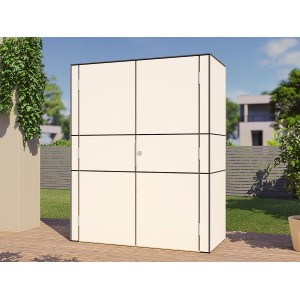 Weißer Bertilo Gartenschrank HPL Highboard (155x75x193cm) im Garten.
