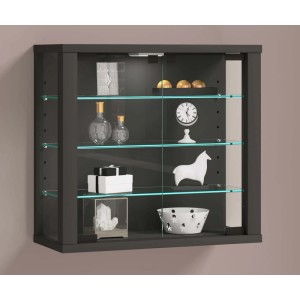 Wandhängender Vitrinenschrank VitrosaS in Anthrazit mit 2 Glastüren und Glasböden.
