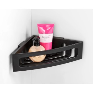 Wenko Power-Loc Eckablage Bralia, schwarze Kunststoff-Eckablage mit Badutensilien.