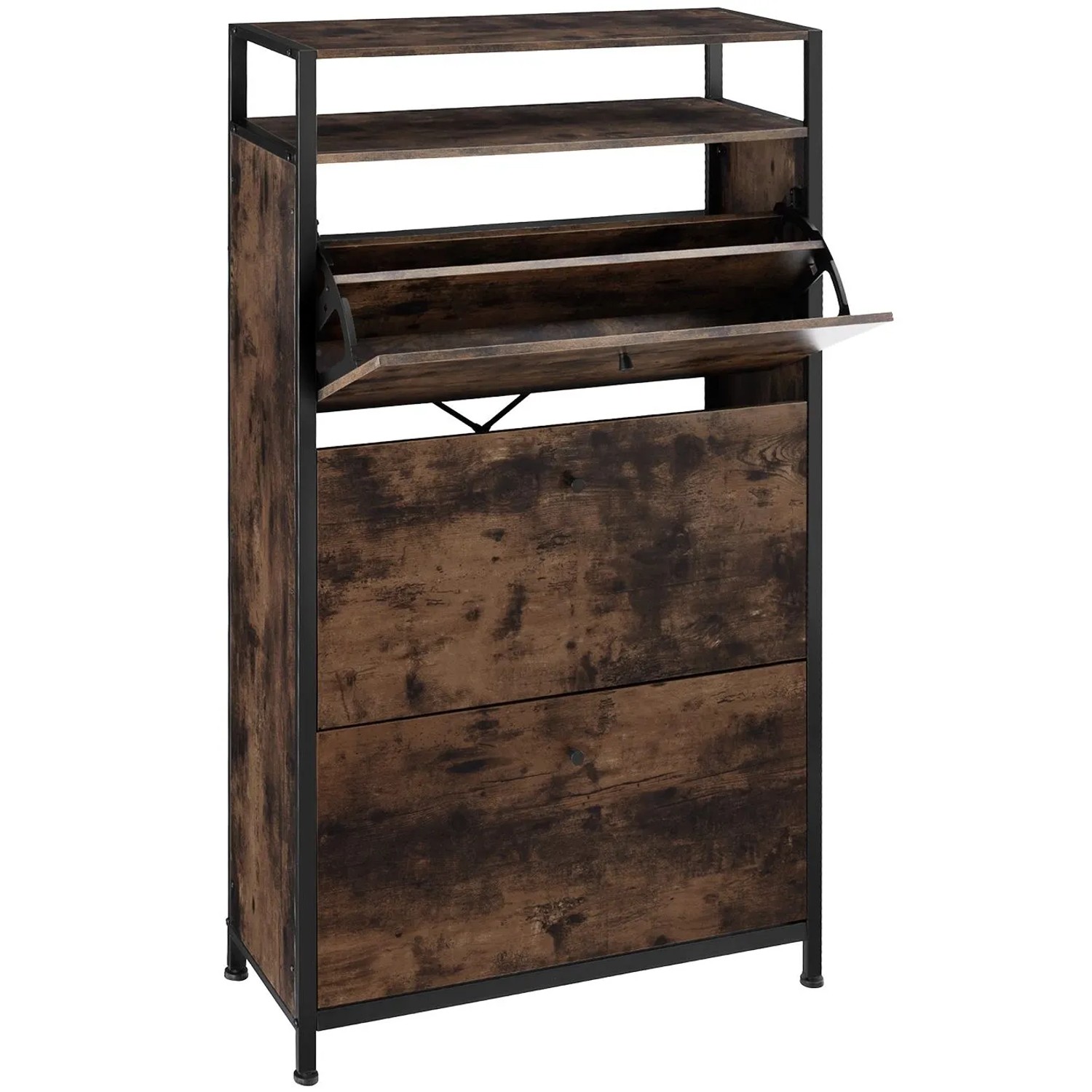 Tectake Schuhschrank Braddock Industrial Style Holz und Stahl  61 x 32 x 130 cm Industrial Holz Dunkel  Rustikal