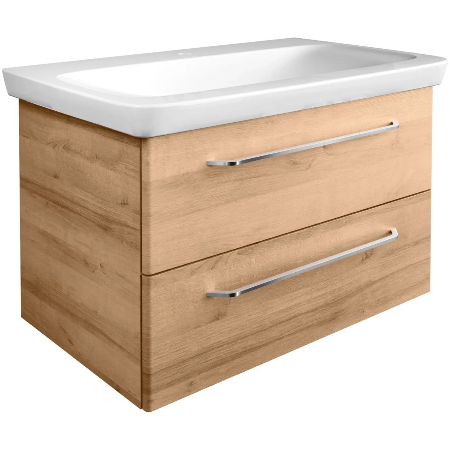 Fackelmann Waschbeckenunterschrank Milano Asteiche 80 cm mit zwei Schubladen und weißen Waschbecken.