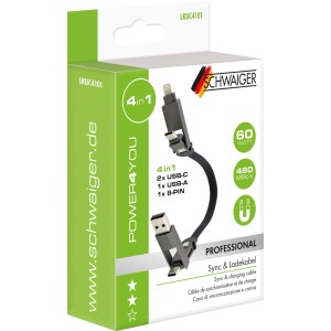 Schwaiger Ladekabel LKUC4101 Schwarz. 4-in-1 Stoffkabel mit USB-A, USB-C, Lightning. Handy-Zubehör, 60W.
