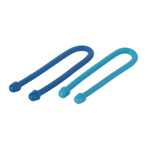 Zwei blaue Fix-o-moll Kabelbinder (15,2 cm) aus Kunststoff mit geriffelter Oberfläche.