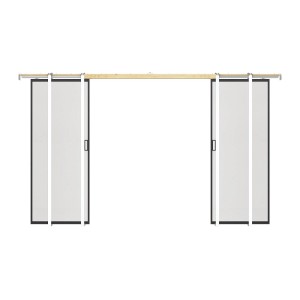 Doppel-Schiebetür Linci Schwarz mit mattiertem Sicherheitsglas, Aluminiumrahmen und Holz-Laufschiene.