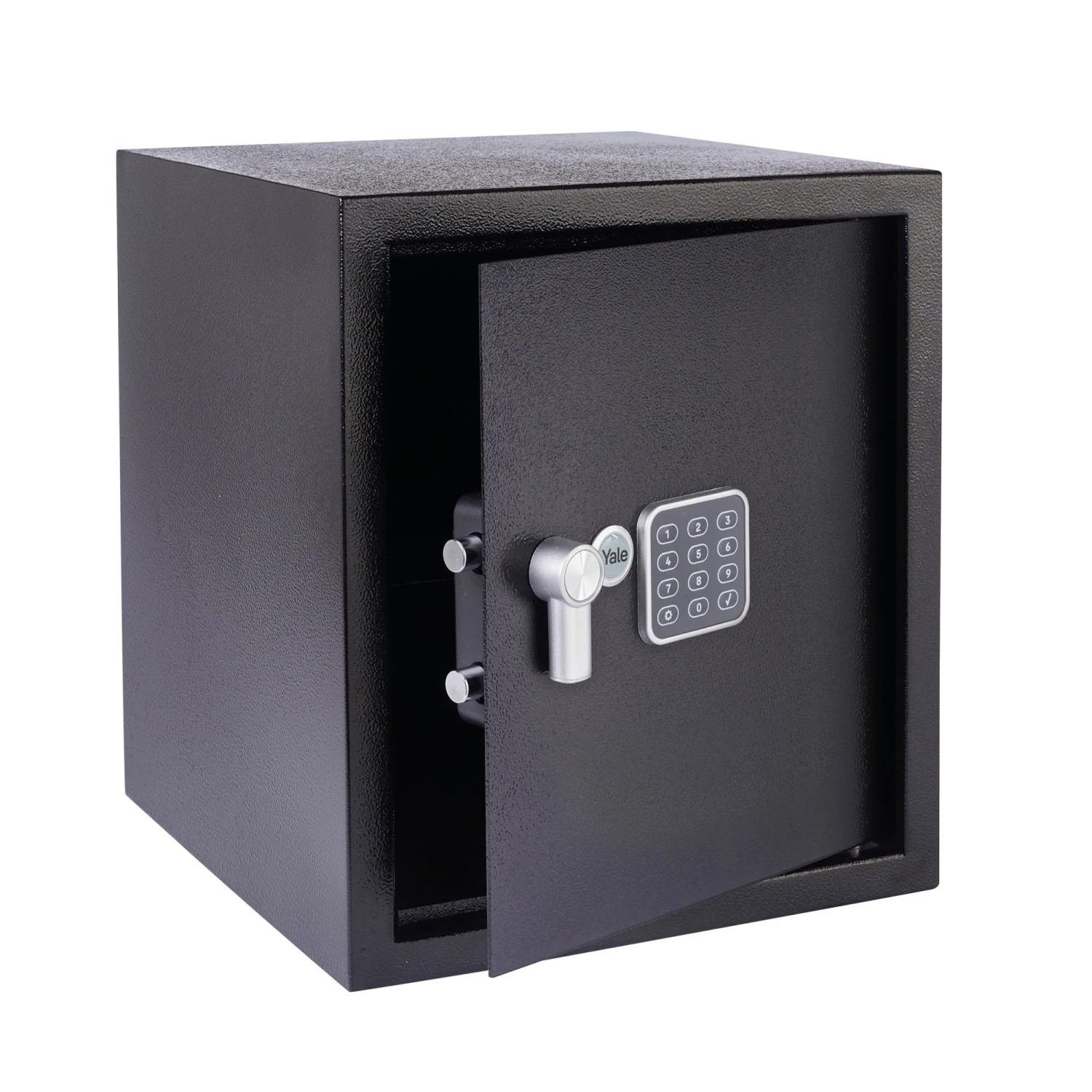 Offener, schwarzer Yale Tresor Value Safe L Code 40 l mit digitalem Tastenfeld.