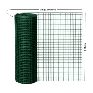 Grüner Maschendrahtzaun, 1x10m, Vierkantgeflecht, PVC-beschichtet, ideal für Tiergehege und Gartenschutz.