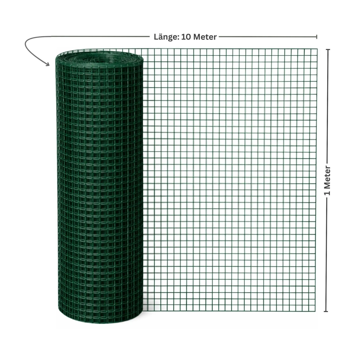 Grüner Maschendrahtzaun, 1x10m, Vierkantgeflecht, PVC-beschichtet, ideal für Tiergehege und Gartenschutz.