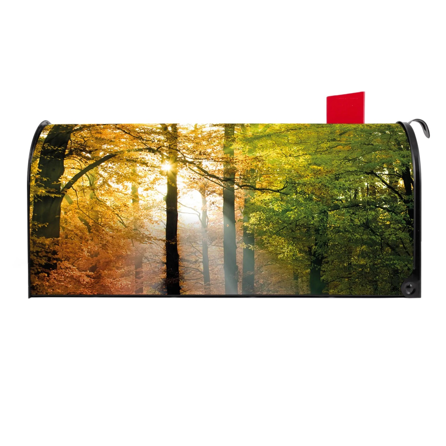 Schwarzer Banjado US Briefkasten mit Herbstwald Motiv, Stahl, 48x22x16cm.