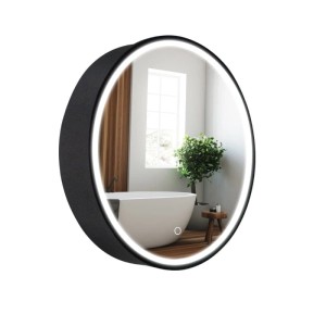 Runder Spiegelschrank 60cm, schwarz matt Metall, LED-Beleuchtung, Sensor. IP44 für Badezimmer.