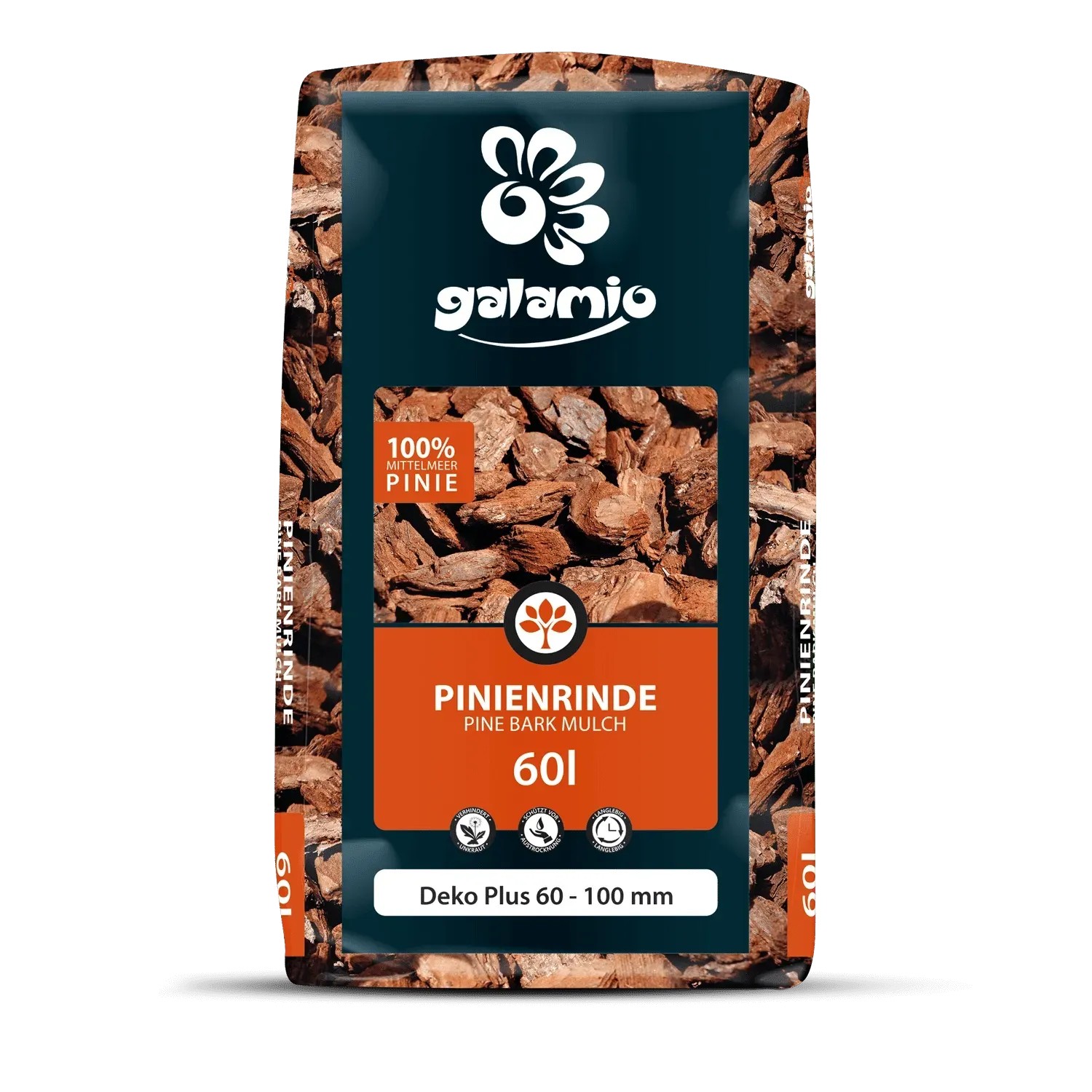 Sack Galamio Pinienrinde Deko Plus, 60l. Dekorative Bodenabdeckung mit grober Körnung.