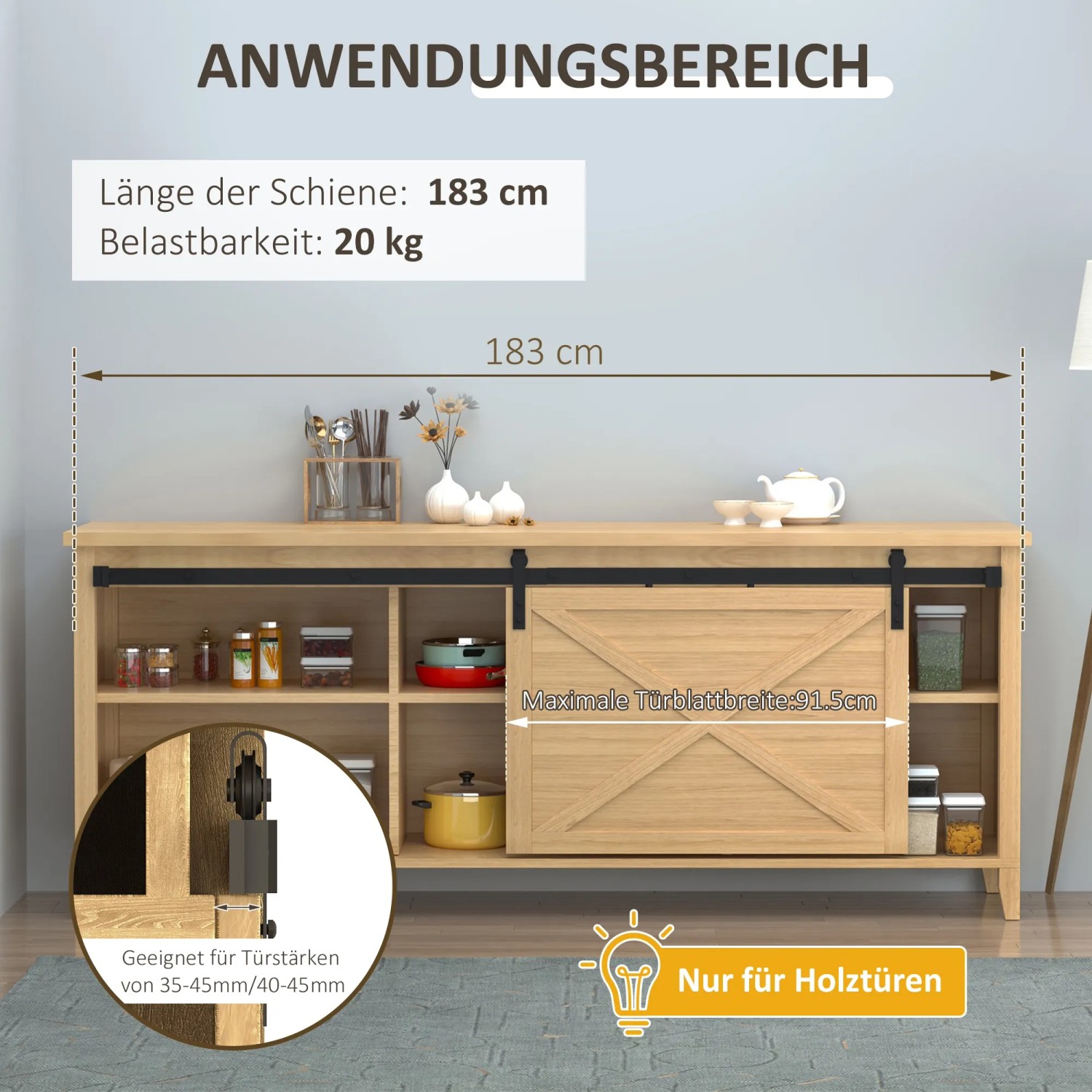 HOMCOM Schiebetürsystem, 183cm, für Holzschiebetür an Kommode montiert.