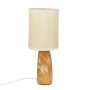 Beige Tischleuchte mit Holzoptik-Keramikfuß und Stoffschirm, 28 cm hoch, für E14-Leuchtmittel.