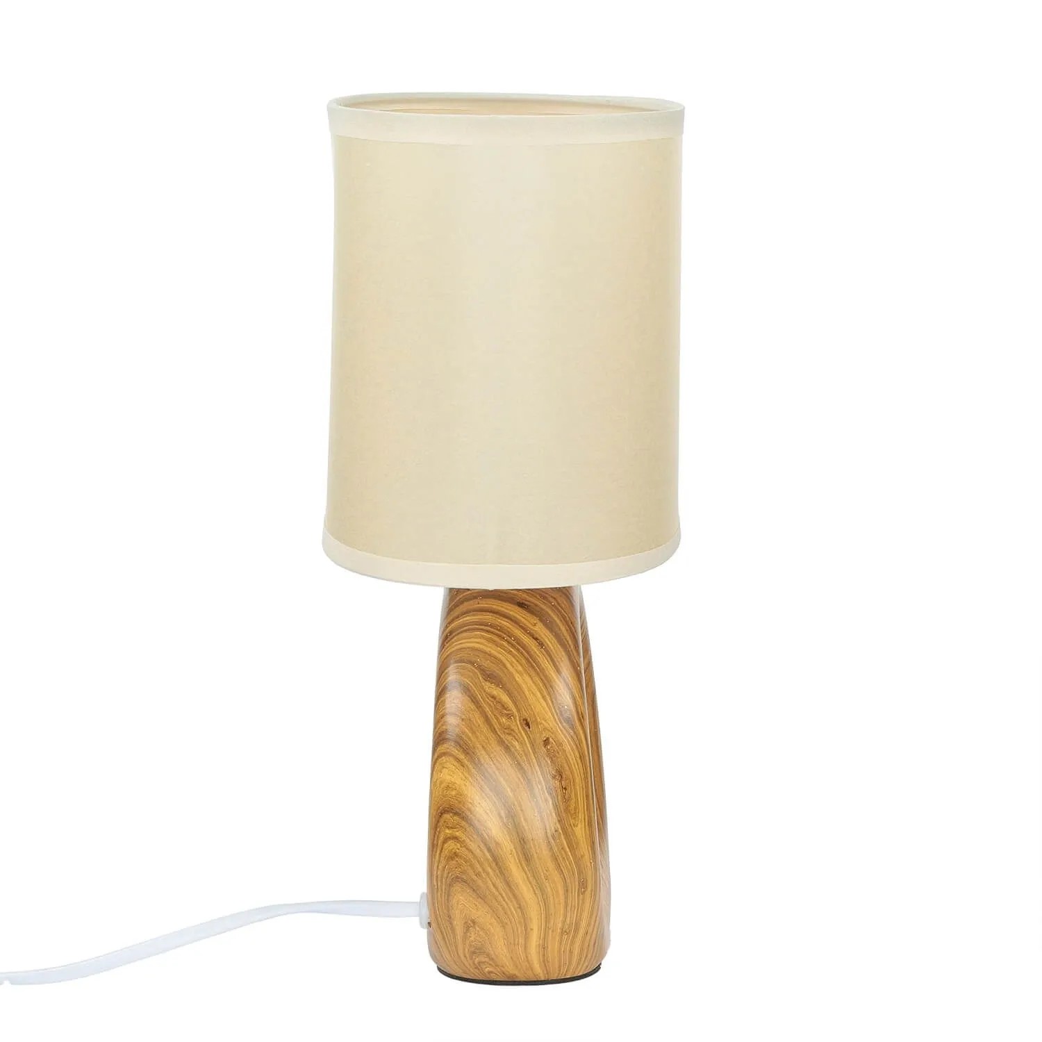 Beige Tischleuchte mit Holzoptik-Keramikfuß und Stoffschirm, 28 cm hoch, für E14-Leuchtmittel.