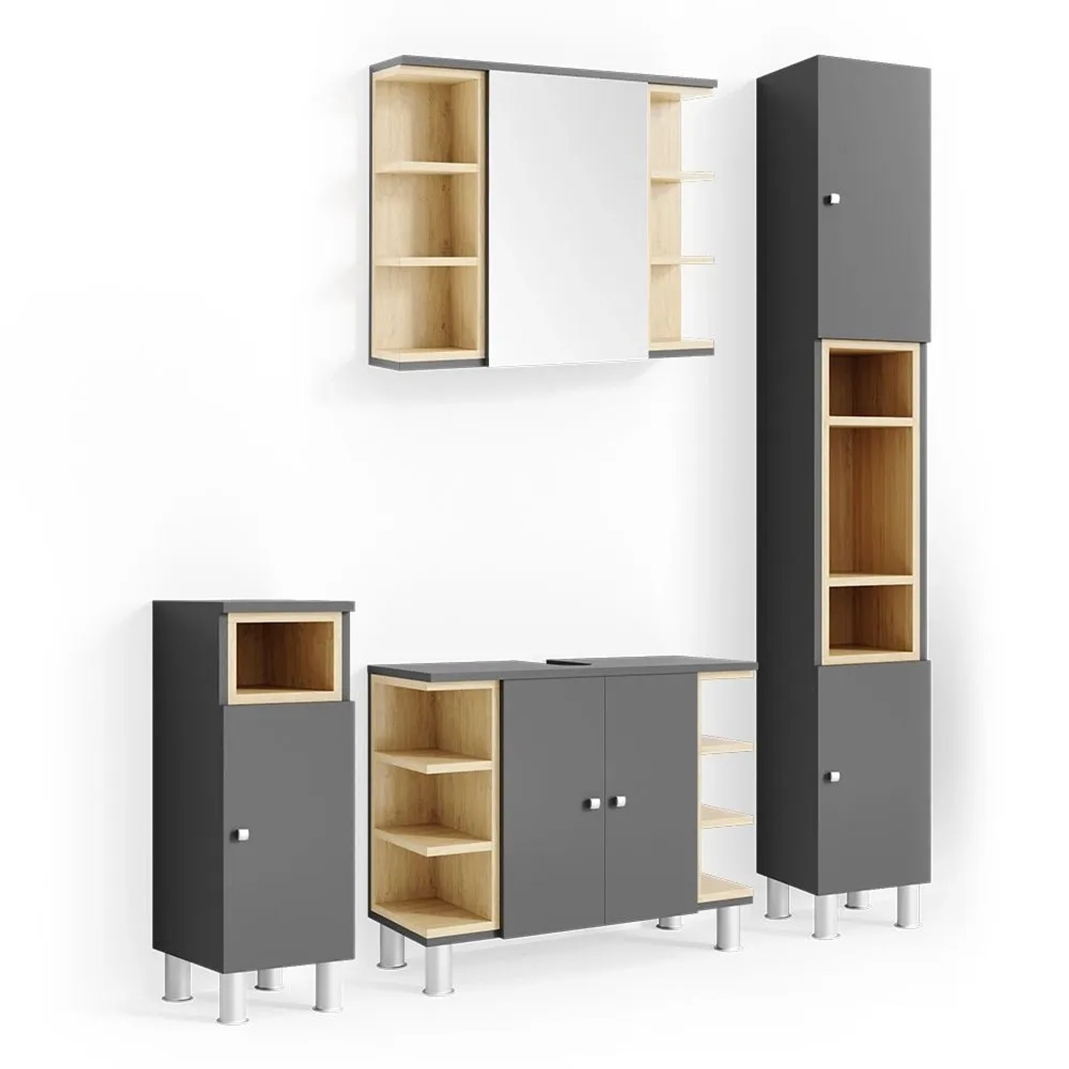 Vicco Badmöbel-Set Aquis Anthrazit 80 x 64 4-teilig