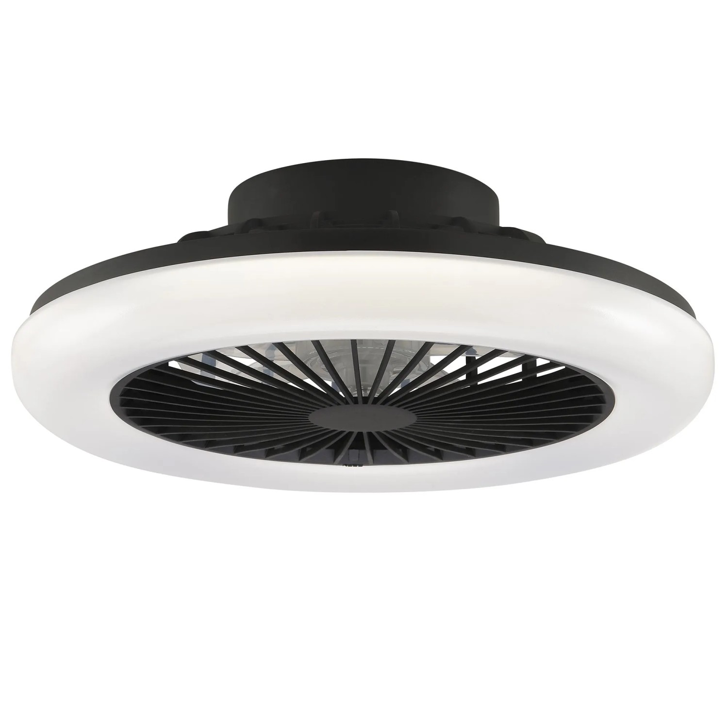 Schwarze LED-Deckenleuchte Montero mit Ventilator, Ø 42 cm.
