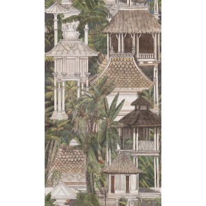 A.S. Creation Fototapete Asiatisch Floral, beige-grünes Muster mit asiatischen Häusern und Palmen.