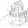 Axi Liam Spielhaus mit Rutsche, Sandkasten und Leiter, technische Zeichnung mit Maßen.