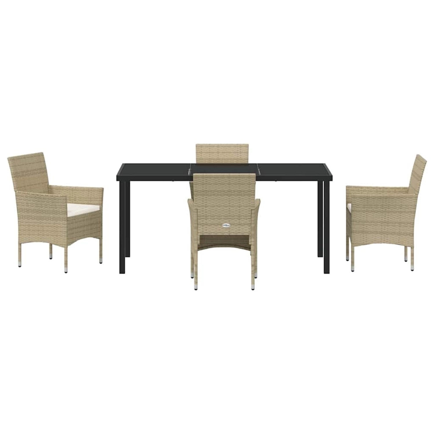 Beige 5-tlg. Garten Essgruppe aus Poly Rattan mit Tisch und Stühlen inklusive Kissen.