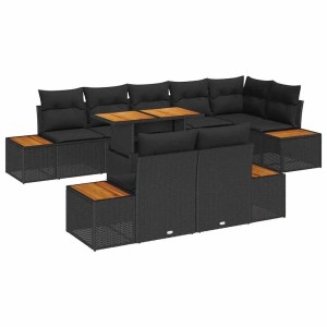 vidaXL 9-tlg. Garten Essgruppe mit schwarzen Polyrattan-Möbeln, braunen Akzenten und Stauraum.