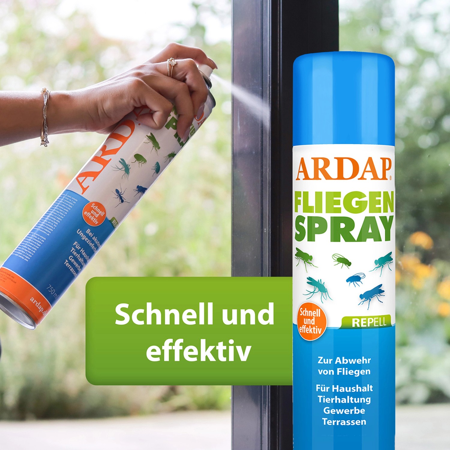Ardap Repell Fliegenspray in Anwendung: Frau sprüht Spray gegen Fliegen und Ungeziefer.