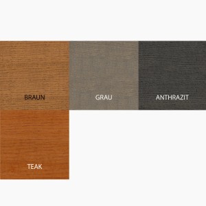 Farbmuster von Bondex Wetterschutz-Öl: Teak, Braun, Grau und Anthrazit.