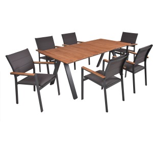 7-teiliges Gartenmöbel-Set Davin von Garden Pleasure: Tisch mit Holzplatte und 6 Stühle mit Armlehnen.