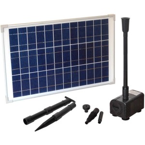 Heissner Solar-Teichpumpen-Set mit Solarmodul, Pumpe und Zubehör für Wasserspiele.