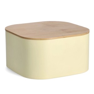 Gelber Zeller Brotkasten aus Metall mit Bambusdeckel, quadratisch, für die Küche.