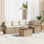 Beiges 6-teiliges vidaXL Garten-Sofa-Set aus Polyrattan mit Tisch und Auflagen.