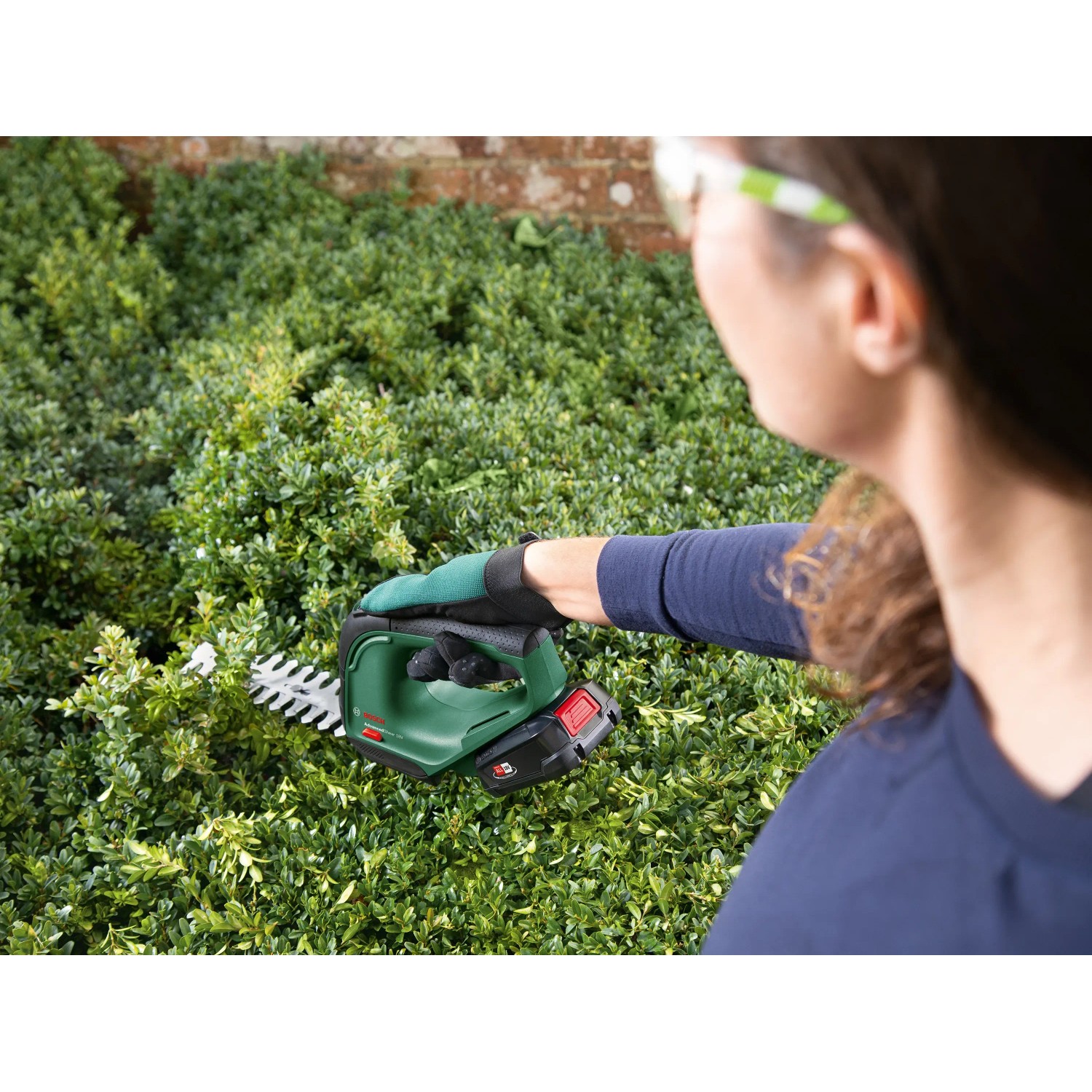 Frau schneidet Hecke mit Bosch Akku Gras- und Strauchschere AdvancedShear 18V-10. Kabellose Grasschere im Einsatz.