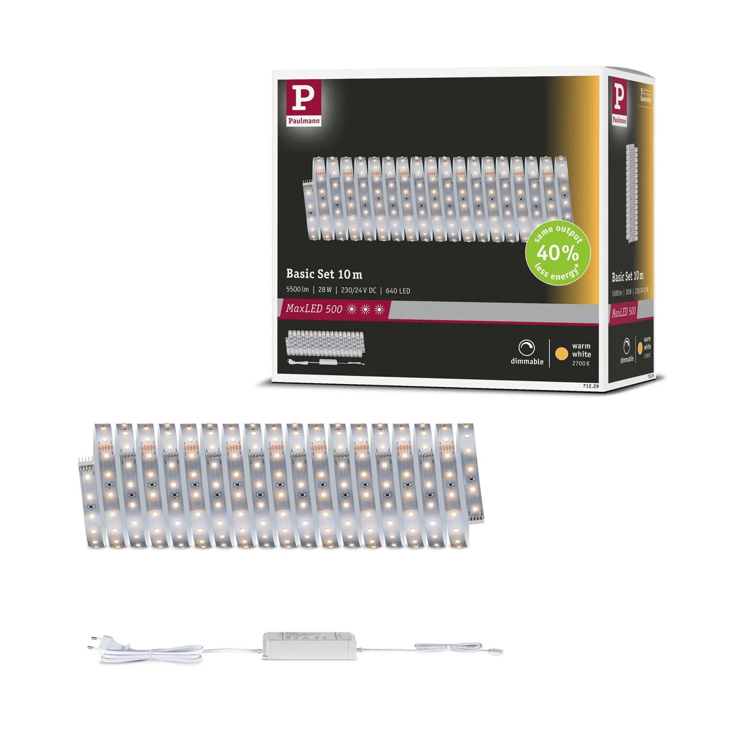 Paulmann LED-Strip-Basisset MaxLED 500, 10 m, warmweiß, mit Vorschaltgerät für flexible Beleuchtung.