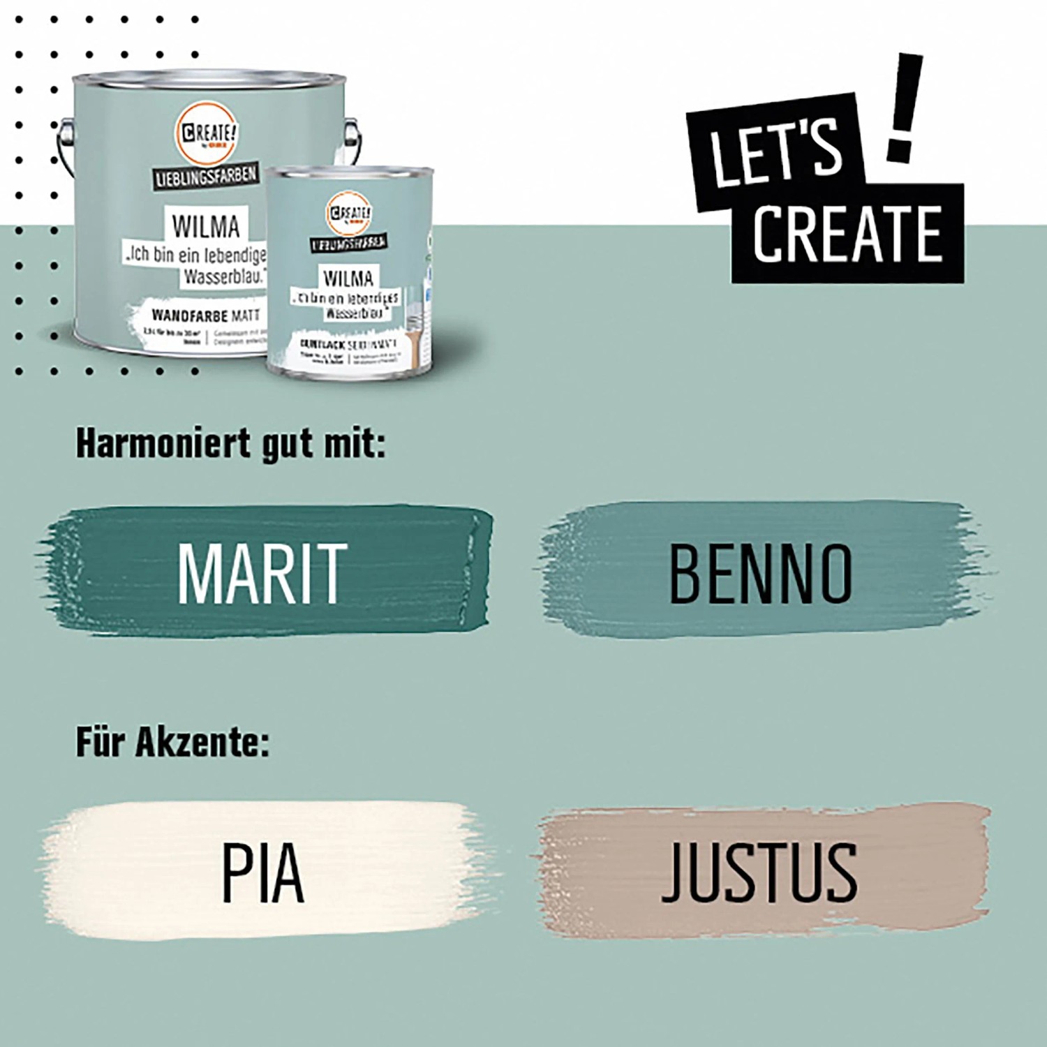 CREATE! by OBI Buntlack Wilma Wasserblau, seidenmatt, 0,75 l Dose. Farbbeispiele für passende Farbtöne.