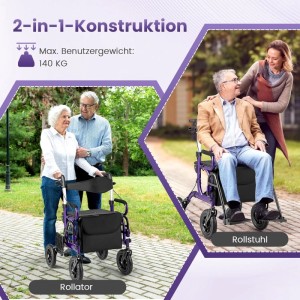 Costway Rollator mit Luftbereifung 2-In-1 Rollstuhl Bis 140 kg Lila