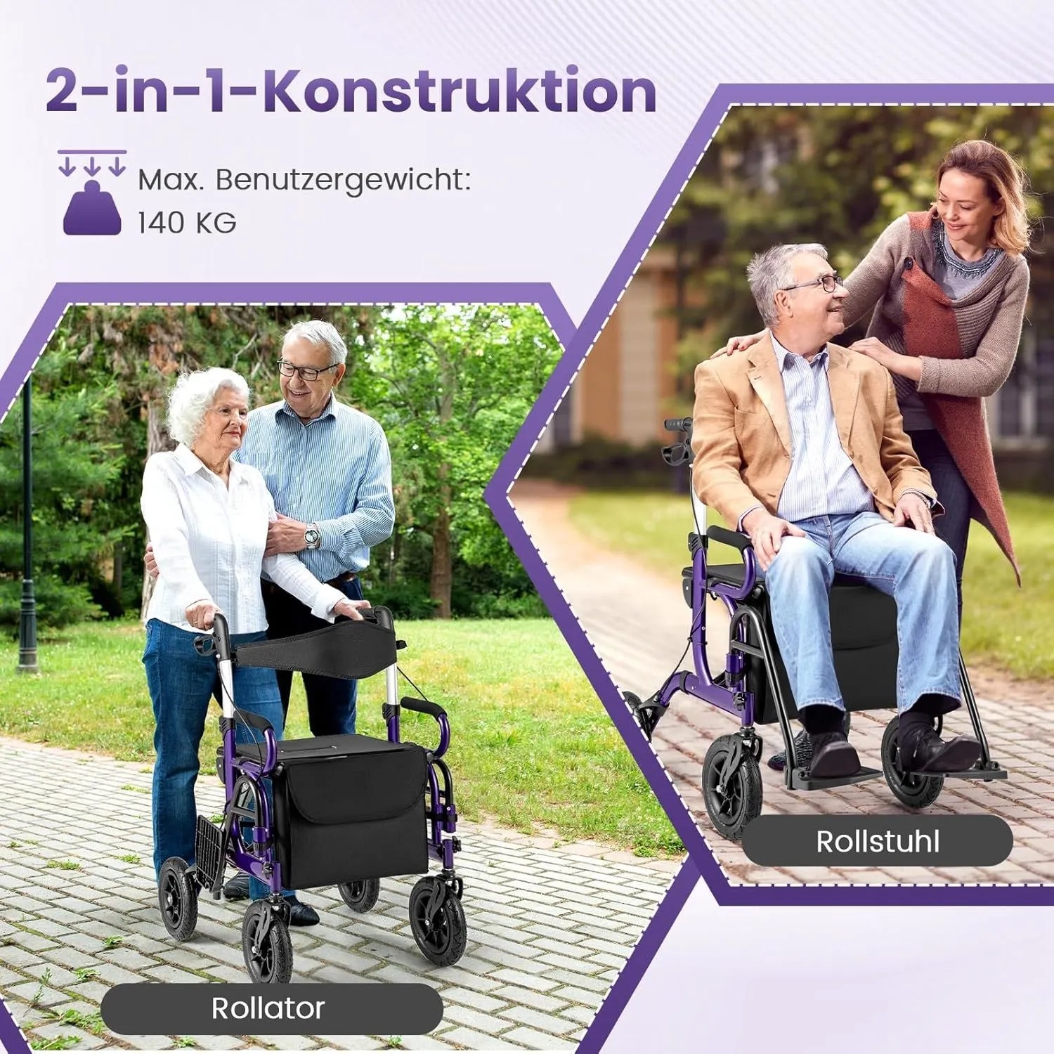 Costway Rollator mit Luftbereifung 2-In-1 Rollstuhl Bis 140 kg Lila_2