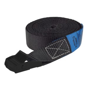 Schwarzer TRUTZHOLM Spanngurt, 5m, mit Klemmschloss, aufgerollt.