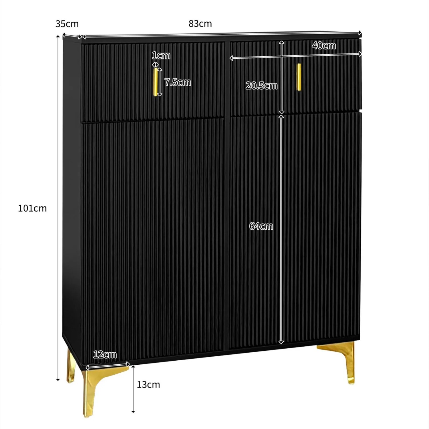 Schwarzes Sideboard/Schuhschrank mit strukturierter Front, 2 Türen, 2 Schubladen, goldfarbenen Griffen und Beinen.