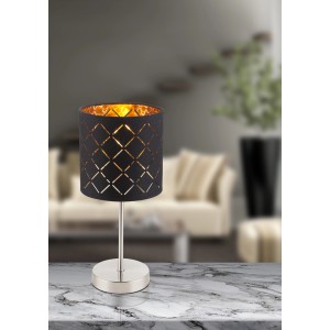 Globo Tischleuchte Clarke, schwarz-gold, Ø 15cm. Design-Tischlampe mit Textilschirm und Dekorstanzungen.
