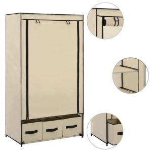 Cremefarbener Stoff-Kleiderschrank (87x49x159cm) mit 3 Schubladen. Ideal zur Aufbewahrung von Kleidung.
