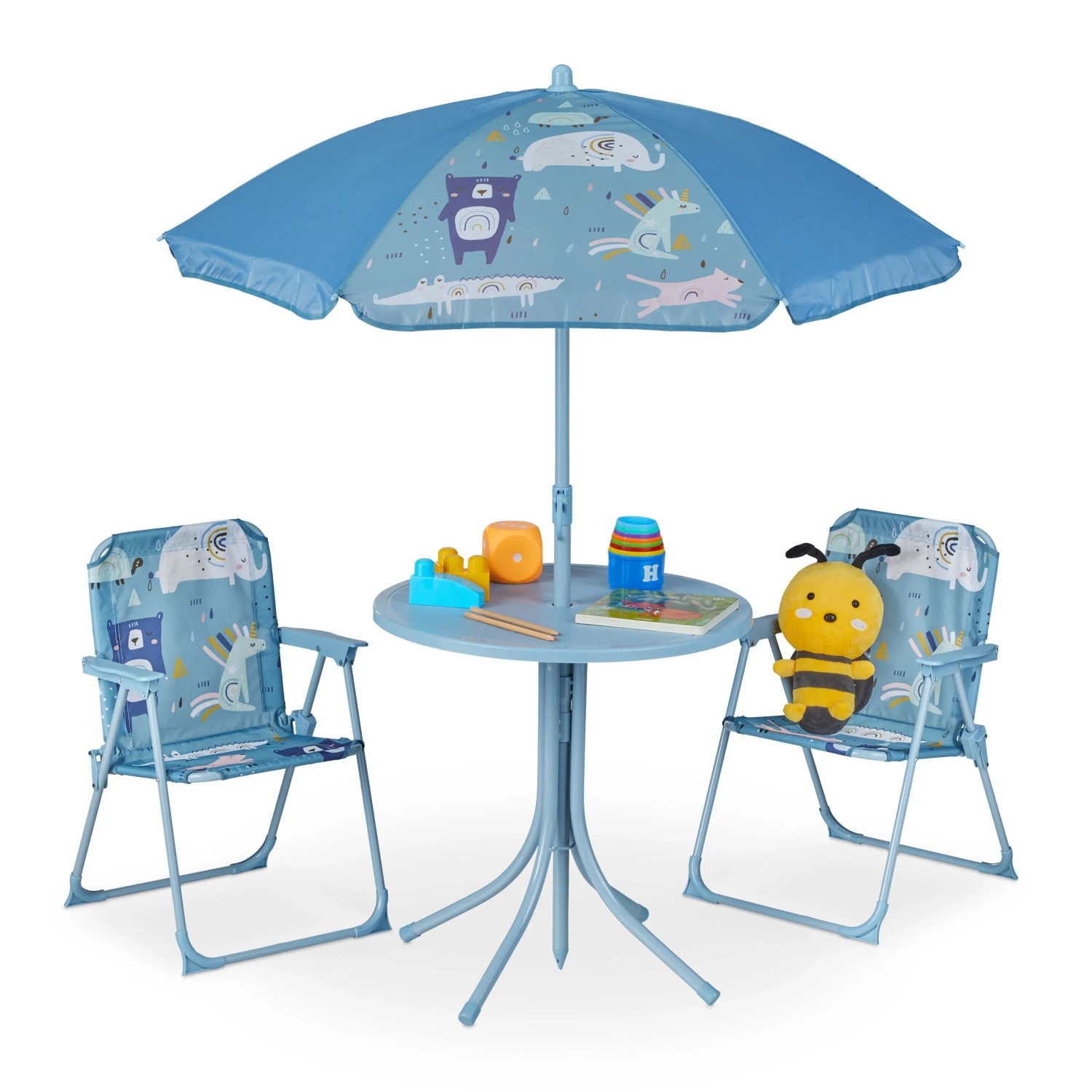Relaxdays Kindersitzgruppe Eisen Kunststoff Polyester mit Schirm Tiere 53 cm x 36 cm x 37,5 cm