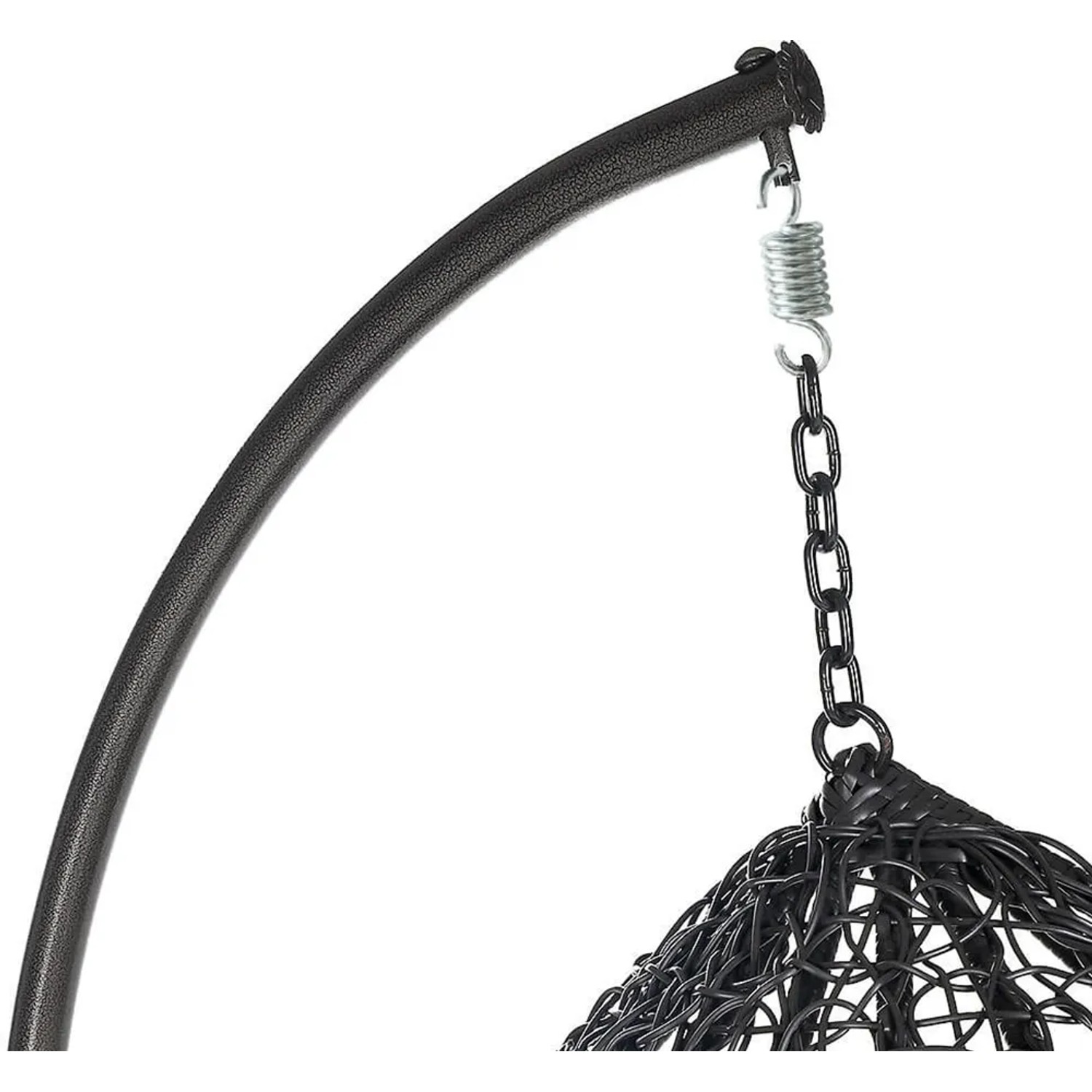 Detailaufnahme: Grauer Home Deluxe Hängesessel Cielo mit Polyrattan-Korb und Metallgestell.
