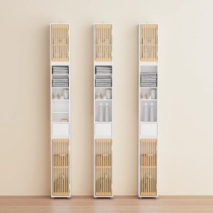 SoBuy Bad Hochschrank BZR34-BW mit 6 Regalböden, weißes Badregal mit Bambus-Lamellentüren.