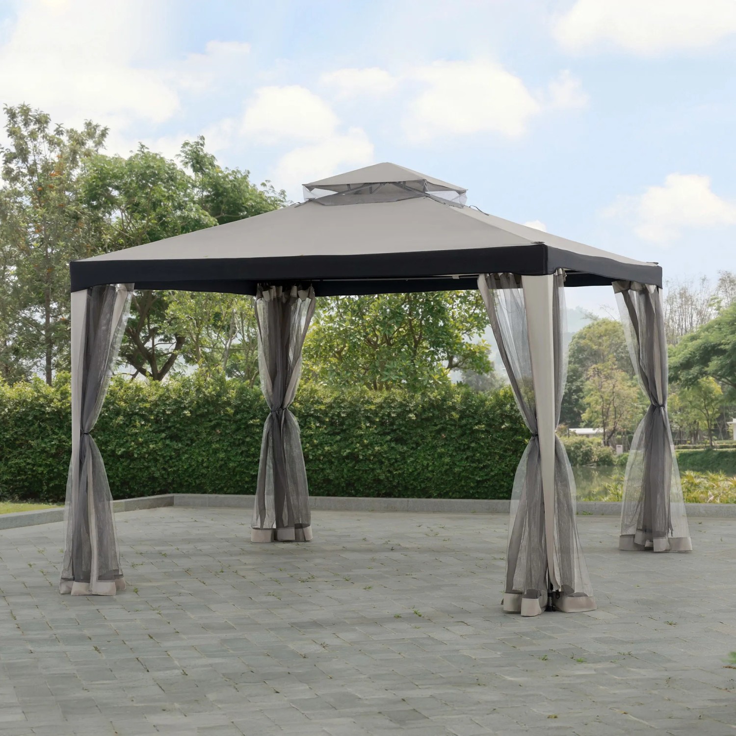 Sunjoy Stoff-Pavillon Roseg, 300x300 cm, grau, mit Moskitonetz für Terrassenüberdachung.